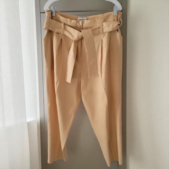 Calvin Klein Women's Tan Belted High Waist Pleated Linen Blend Pants Sz 12 - Picture 3 of 11